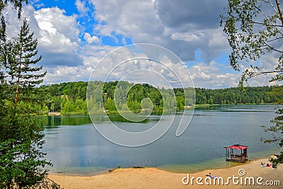 Forest lake beach in Lytkarino town Stock Photo