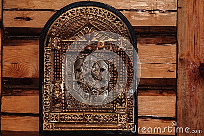 Moscow region, Russia, 01.22.2019. The ancient Icon of the mother of God in the wooden village Church Editorial Stock Photo