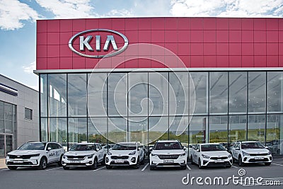 Moscow Region, Russia - September 2021: Building of KIA MOTORS car selling and service center. KIA logo on car showroom Editorial Stock Photo