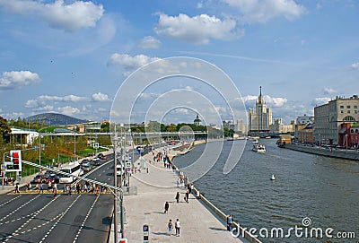 Moscow river and Moskvoretskaya Embankment in sunny summer day Editorial Stock Photo