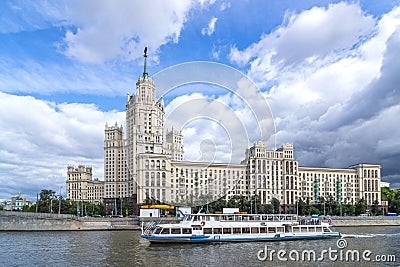 Moscow River. Pleasure boat. View ofa house on Kotelnicheskaya Embankment Editorial Stock Photo