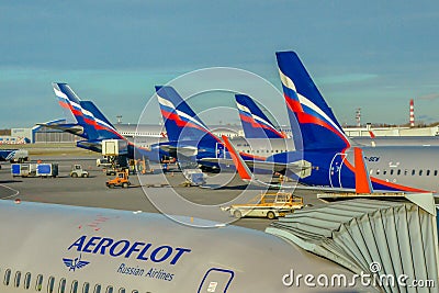 MOSCOW, RUSSIA - 02.11.2017: Aeroflot Russian airlines airplane parked at Moscow Sheremetyevo airport tail fin panoramic close up Editorial Stock Photo