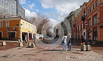 Ancient Moscow Arbat street on a spring sunny day Editorial Stock Photo