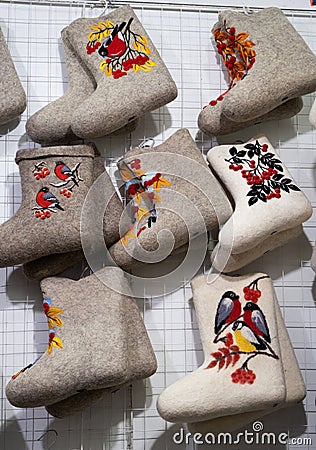 Moscow, Russia - April 12, 2023. Children's felt boots. National Russian winter shoes made of wool Editorial Stock Photo