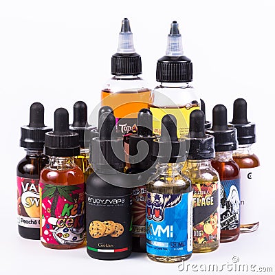 Moscow, Russia - April 21, 2017: E-liquid e-juice on sale in plastic bottles Editorial Stock Photo