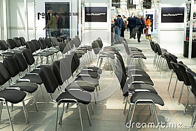 Moscow, Russia - April 6, 2023. An empty conference room with chairs at a book exhibition. Forum Editorial Stock Photo