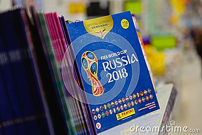 MOSCOW, RUSSIA - APRIL 27, 2018: Official album for stickers dedicated to the FIFA World Cup RUSSIA 2018 on store shelf. Editorial Stock Photo