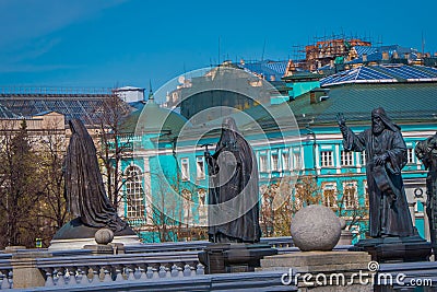 MOSCOW, RUSSIA- APRIL, 24, 2018: Outdoor view of Patriarch Hermogenes Monument in Alexandrovsky garden of Moscow Kremlin Editorial Stock Photo