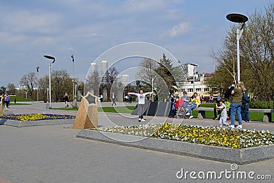 Moscow, Russia - April 30. 2018. People are walking along Cosmonauts alley in Cosmopark Editorial Stock Photo
