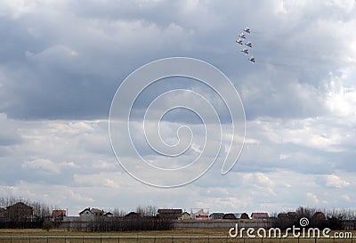 Performance of the Swifts aerobatic team on multi-purpose highly maneuverable MiG-29 fighters over the Myachkovo airfield Editorial Stock Photo