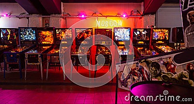Moscow, Russia - April 29, 2021: Pinball museum. Pinball table close up view of vintage game machine Editorial Stock Photo