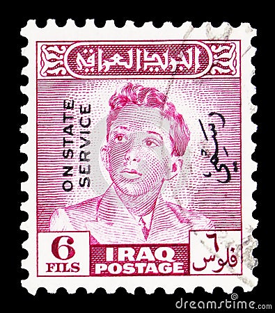 Postage stamp printed in Iraq shows King Faisal II 1935-1958, serie, 6 Iraqi fils, circa 1948 Editorial Stock Photo