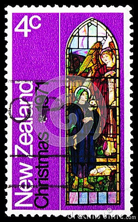 Postage stamp printed in New Zealand shows Annunciation, stained glass Saint Luke Church, Christmas serie, circa 1971 Editorial Stock Photo