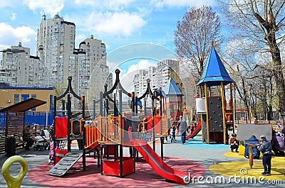 Moscow, Russia, April, 21, 2016. Russian scene: people walking on the children`s playground in the park Tagansky in Moscow Editorial Stock Photo