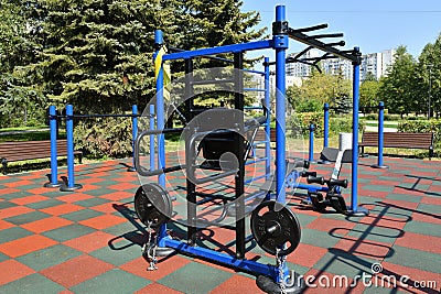 Moscow, Russia - 17 Aug. 2022. outdoor sports complex with weight training equipment Editorial Stock Photo