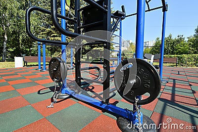 Moscow, Russia - 17 Aug. 2022. outdoor sports complex with weight training equipment Editorial Stock Photo