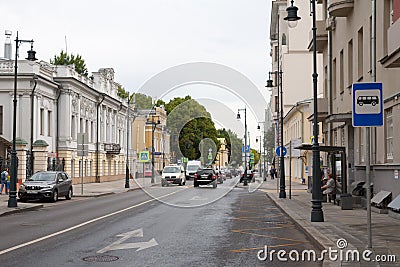 Buildings, cars and road signs in Prechistenka street 7.08.2018 Editorial Stock Photo