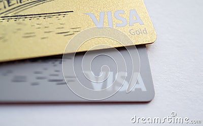 Moscow, Russia, August 2019: Credit cards: Visa gold and Visa - logos close-up. Concept of global financial capabilities, Editorial Stock Photo
