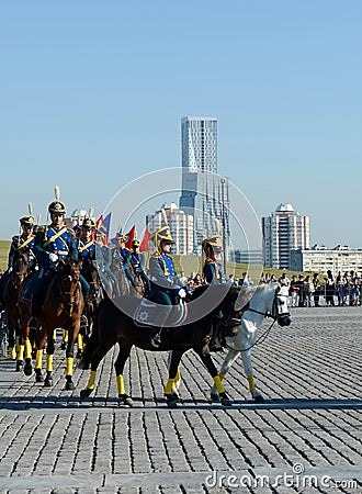 Demonstrative performance of the Kremlin school of riding on the Poklonnaya Hill of Moscow. Editorial Stock Photo