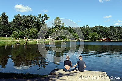 People are resting in the natural-historical park `Kuzminki-Lublino`. Editorial Stock Photo