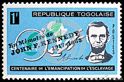 Postage stamp printed in Togo shows Abraham Lincoln, In Memory of J. F. Kennedy serie, circa 1964 Editorial Stock Photo