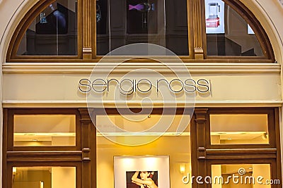 MOSCOW, RUSSIA - AUGUST 10, 2021: Sergio Rossi brand retail shop logo signboard on the storefront in the shopping mall. Editorial Stock Photo