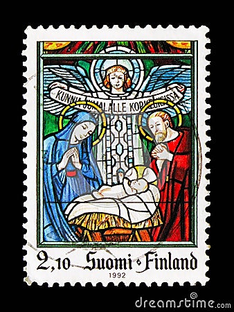 Birth of Christ, stained glass in Karkkila Church, Christmas serie, circa 1992 Editorial Stock Photo