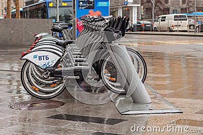 12-10-2019, Moscow, Russia. Bike rental, city bike rental. Automated bicycle rack, rent a transport Editorial Stock Photo