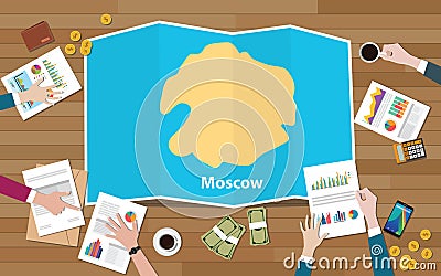 Moscow russia capital city region economy growth with team discuss on fold maps view from top Cartoon Illustration