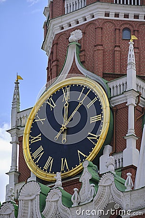 Moscow Russia 12.05.2023.Clock Spasskaya tower Kremlin is closeup against blue sky Editorial Stock Photo