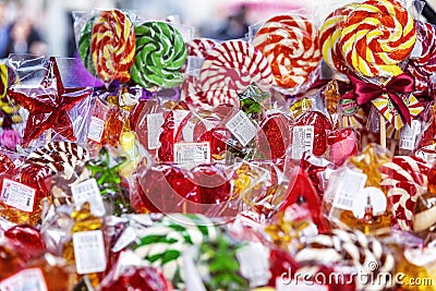 Moscow, Russia, 08/06/2019: A counter with bright colored candies. Close-up Editorial Stock Photo