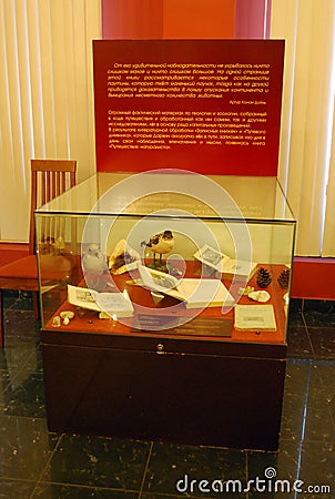 Museum exhibits behind glass Windows. Museum interior. Editorial Stock Photo