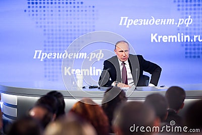 MOSCOW, RUSSIA - DEC 23: The President of the Russian Federation Vladimir Vladimirovich Putin an annual press conference in Center Editorial Stock Photo