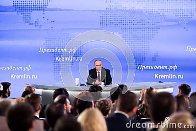 MOSCOW, RUSSIA - DEC 23: The President of the Russian Federation Vladimir Vladimirovich Putin an annual press conference in Center Editorial Stock Photo