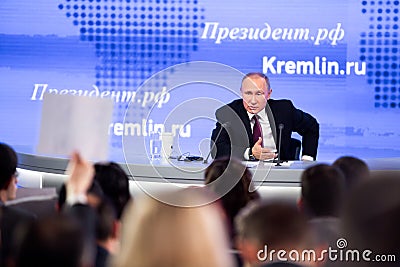 MOSCOW, RUSSIA - DEC 23: The President of the Russian Federation Vladimir Vladimirovich Putin an annual press conference in Center Editorial Stock Photo