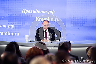 MOSCOW, RUSSIA - DEC 23: The President of the Russian Federation Vladimir Vladimirovich Putin an annual press conference in Center Editorial Stock Photo