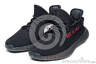 Moscow, Russia - December 2020 : Adidas Yeezy Boost 350 V2 CORE BLACK RED Editorial Stock Photo