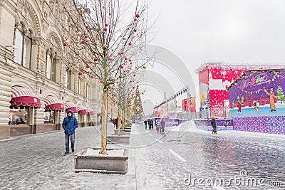Moscow, Russia - December 20: Christmas decorations on Red Square in Moscow on background of St. Basil`s Cathedral. Winter holida Editorial Stock Photo