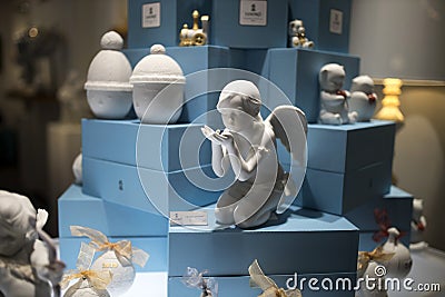 Christmas Gift Showcase with White Gypsum Angels and Vases at Gum, the State Department Store Editorial Stock Photo
