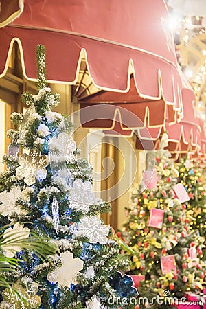 MOSCOW, RUSSIA - DECEMBER 06, 2017:Christmas tree background and Christmas decor. Editorial Stock Photo