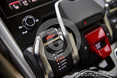 Moscow, russia - december 15, 2020: close-up of gearshift and mode controller in the premium sports luxury crossover lamborghini Editorial Stock Photo