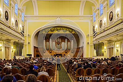 Moscow, Russia-December, 30, 2017: Great Hall of the Moscow Tchaikovsky Conservatory. A view of the stage Editorial Stock Photo