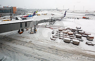 International Sheremetyevo Airport during snowfall. Moscow, Russia. Editorial Stock Photo