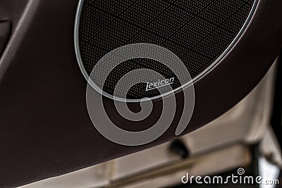 MOSCOW, RUSSIA - DECEMBER 04, 2021 Lexicon by Harmankardon speaker grille. Editorial Stock Photo