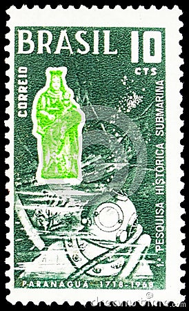 Postage stamp printed in Brazil shows Madonna and Diver, Paranagua Underwater Exploration, 250th Anniversary serie, circa 1968 Editorial Stock Photo