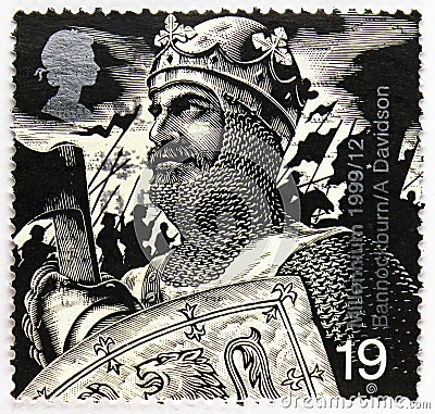 Postage stamp printed in United Kingdom shows Robert the Bruce Battle of Bannockburn, 1314, Millennium Series 10 - The Soldiers Editorial Stock Photo