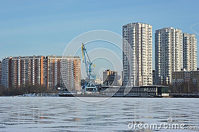 view of the Perervinsky ples on the Moscow River in Moscow Editorial Stock Photo