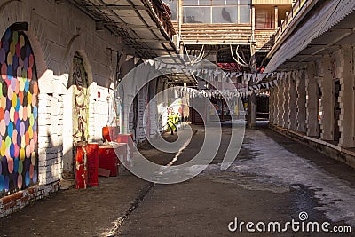 Moscow, Russia - February 23, 2022 : bright streets on the opening day in Izmailovo. The iconic complex Kremlin in Izmailovo aka Editorial Stock Photo