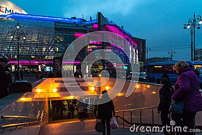 Moscow, Russia - February 21.2016. Descent to Kievskaya metro station at night Editorial Stock Photo