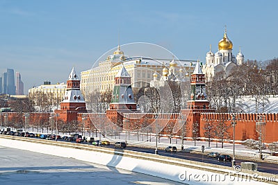 The embankment of the Moscow river, a view of the towers and churches on the territory of the Moscow Kremlin as a visiting card of Editorial Stock Photo